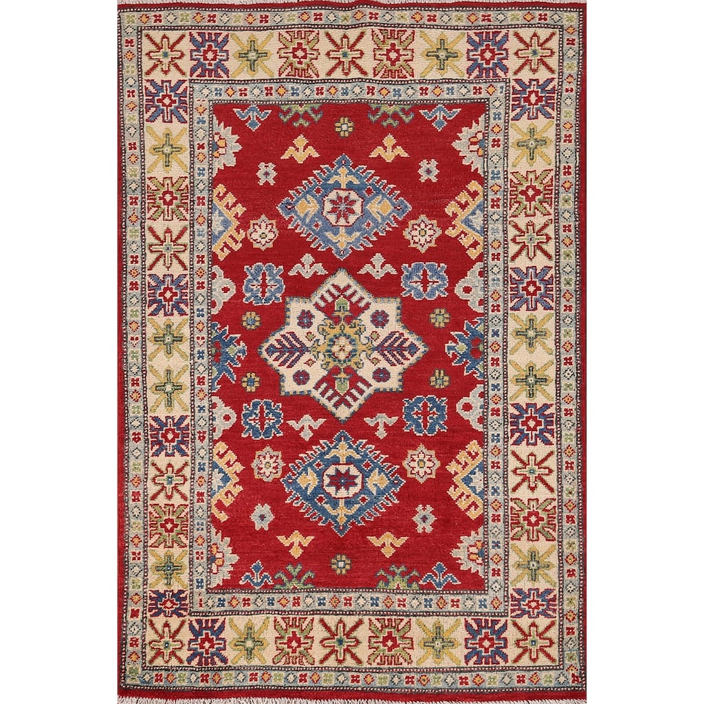 Red Traditional Geometric Kazak Accent Rug Hand-Knotted Wool Carpet - 3'1" x 5'0"