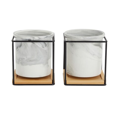 2 Pack Small Marble Ceramic Planter with Stand, Drainage Hole, and Saucer for Indoor Plants, Succulents (5x5 Inches)