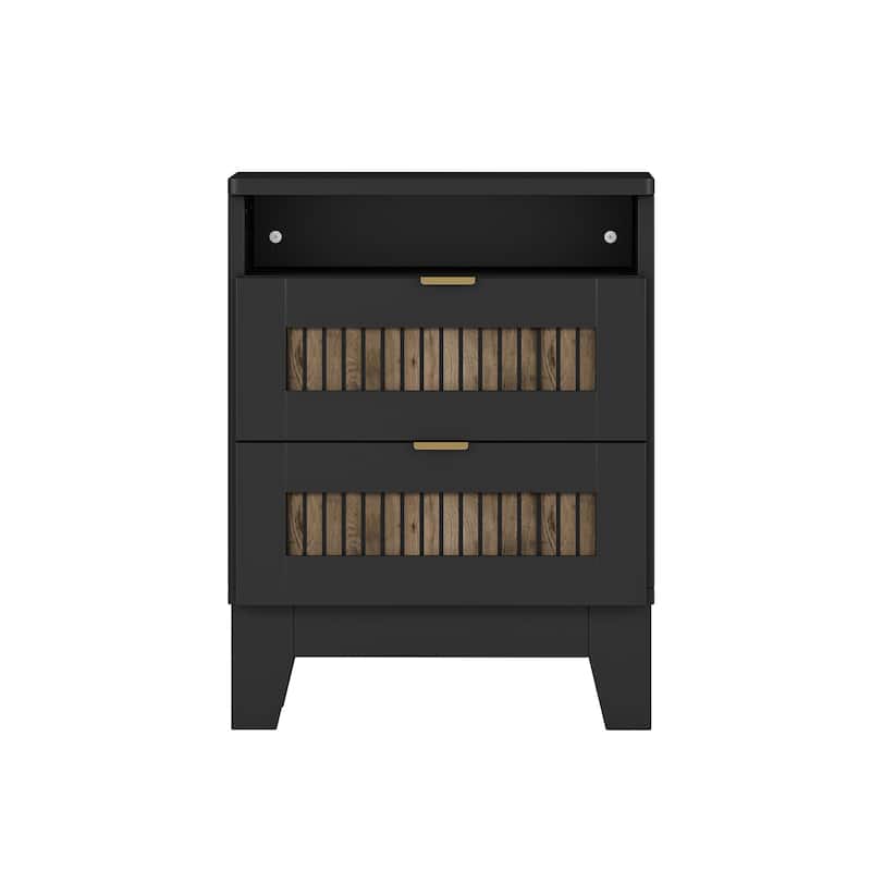 2-Drawer Farmhouse Wooden Nightstand with Wooden Strip Stickers Decoration & Metal Handle, Wood Side Table with Storage Cabinet