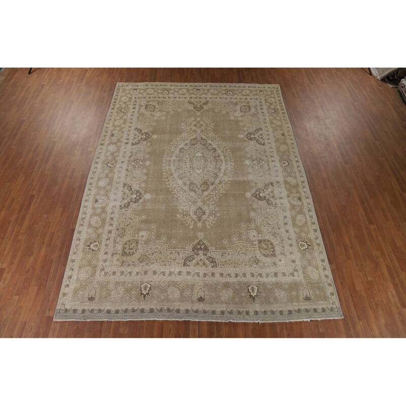 Distressed Tabriz Vintage Persian Rug Hand-Knotted Brown Wool Carpet - 9'6" x 13'3"