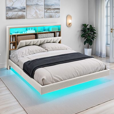 Moasis Queen Lambswool Upholstered Platform Floating Bed Frame with RGB LED Lights and , Bookcase Headboard & Charging Station
