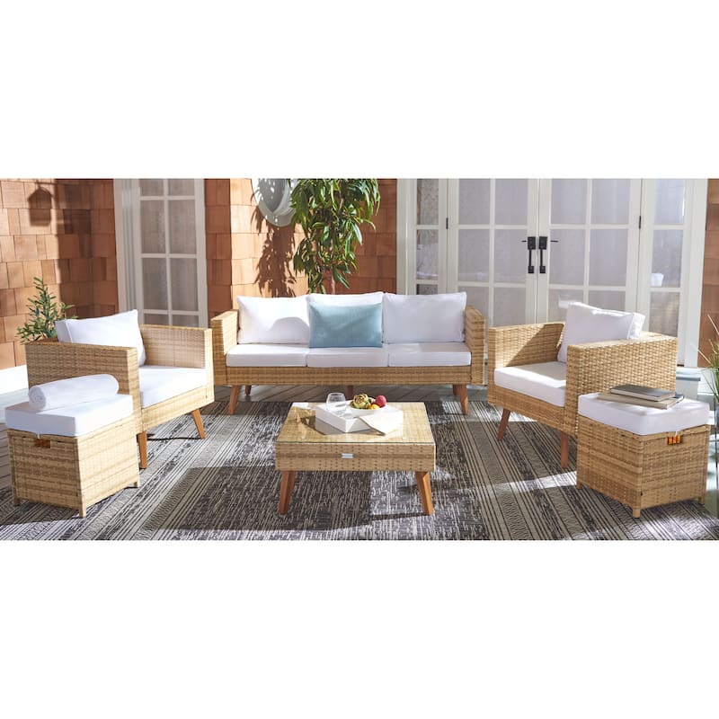 SAFAVIEH Outdoor Gojka 6-Piece Wicker Patio Set with Sofa, Chairs, Ottomans and Glass Top Coffee Table - 69W x 26D x 27H
