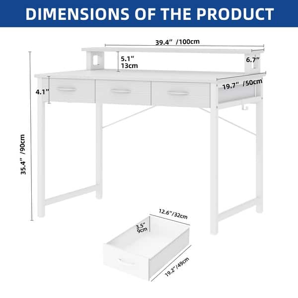 dimension image slide 2 of 4, Moasis Small Computer Desk with Fabric Drawers and Monitor Stand