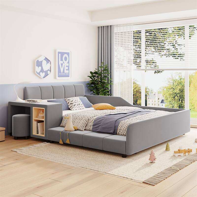 Full Size Mother & Child Bed with Bedside Desk and Little Round Stool