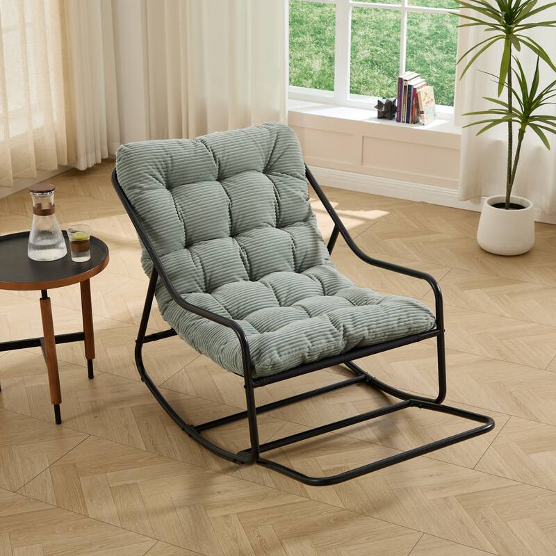 Outdoor Rocking Chair, Comfy Cushion, with Soft Thick Cushion,for Living Room, Bedroom, Reading Room, Black Frame with Cushion - Light Green