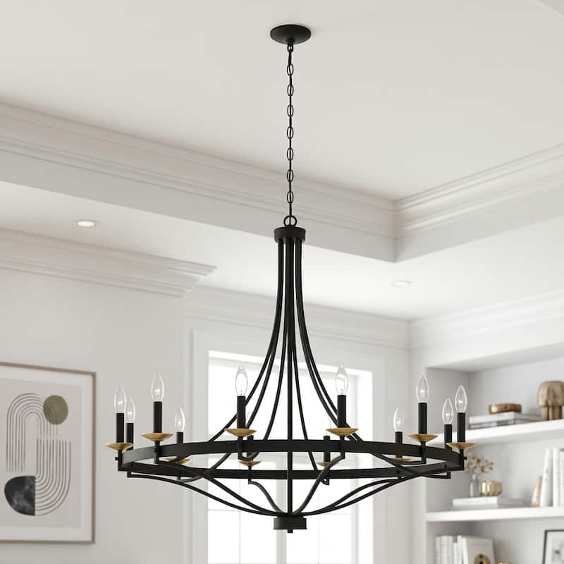 Acroma 12-light Modern Farmhouse Empire Wagon Wheel Chandelier with UL - Matte Black & Brass Glitter
