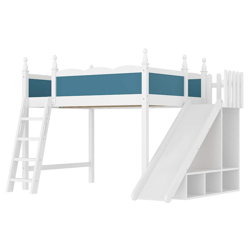Full Loft Bed with Storage Shelves and Wardrobe, Solid Wood Loft Beds with Detachable Slide and Ladders, No Spring Box Needed