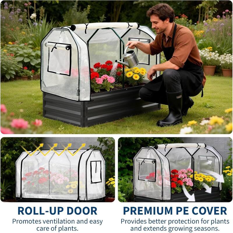 Raised Garden Bed with Greenhouse Cover, Built-in Spray Tube for Vegetables