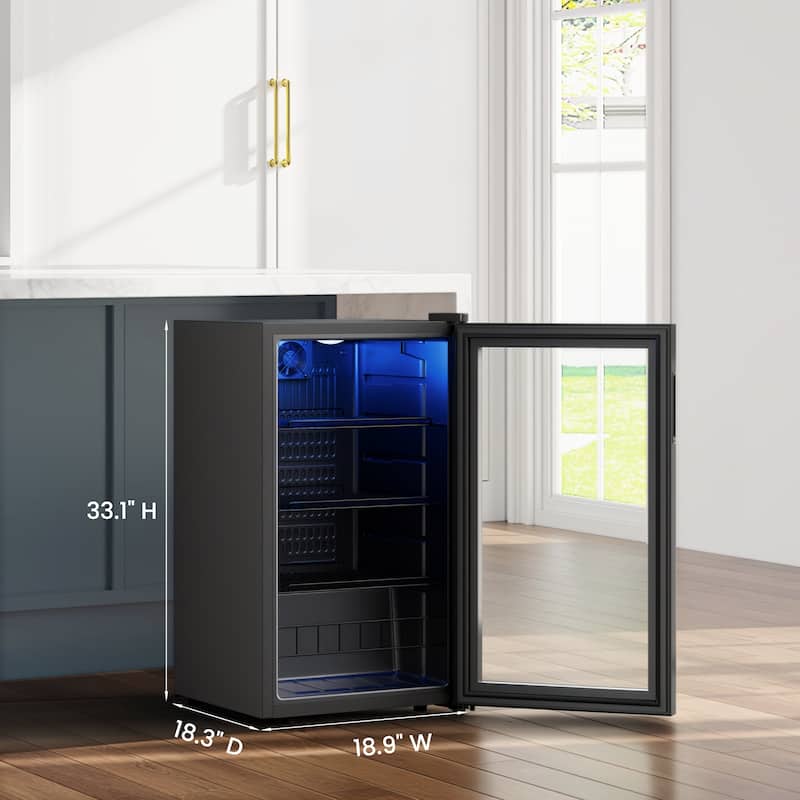 3.35 Cu.Ft Beverage Refrigerator, Glass Door Cooler with LED Display, Quiet Compressor, 102-Can Capacity