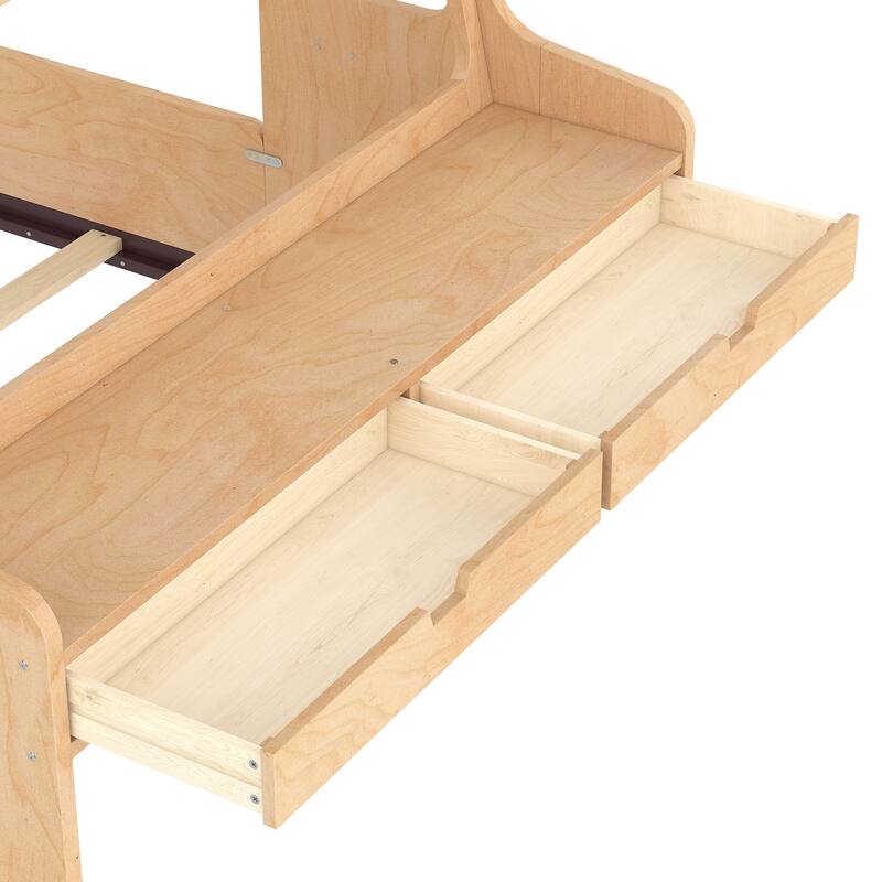 Roomfitters Full Size Car Shaped Floor Bed with Storage Drawers and Built-in Desk, Wood Frame