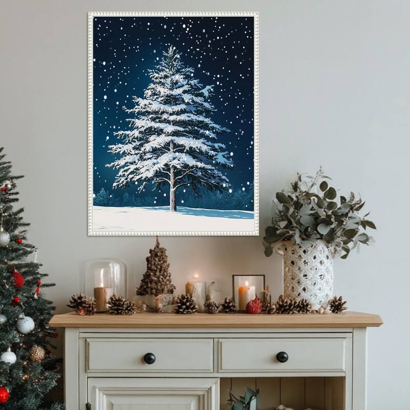 Winter Snowy Pine Tree by Pictufy Studio Framed Canvas Wall Art Print - Sylvie Beaded White