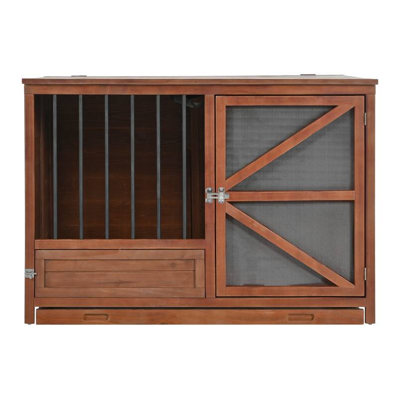 43" Solid Wood Dog Crate Furniture, Foldable Indoor Kennel with 360° Rotating Feeder Multi-Functional End Table