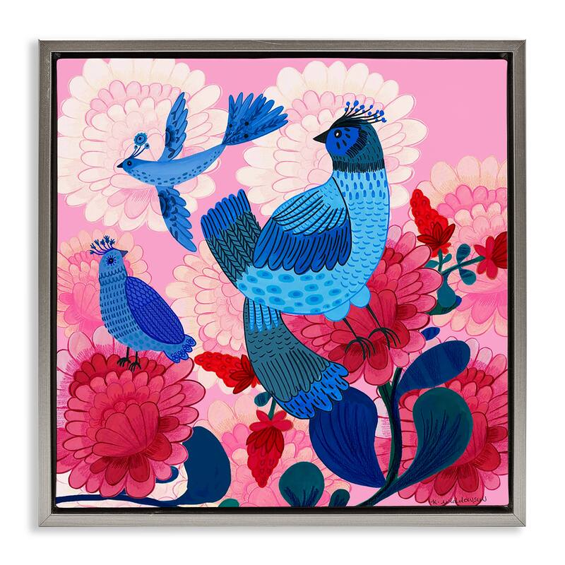 Stupell Folk Birds on Dahlias Framed Floater Canvas Wall Art Design By Kay Widdowson - 25 x 25 - Grey