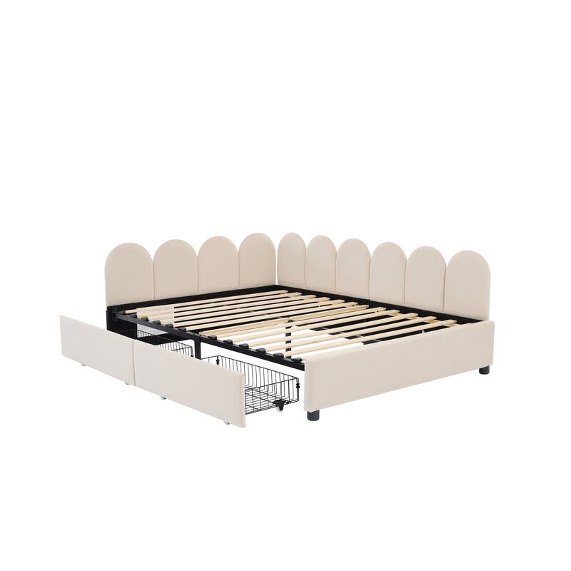 Velvet Upholstered Daybed with Two Drawers and Soft Headboard