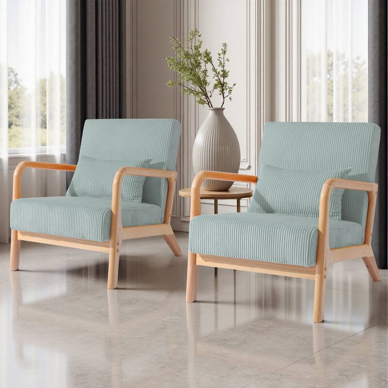 2 Set Upholstered Lounge Arm Chair with Pillow - Set of 2 - Corduroy-Light Blue