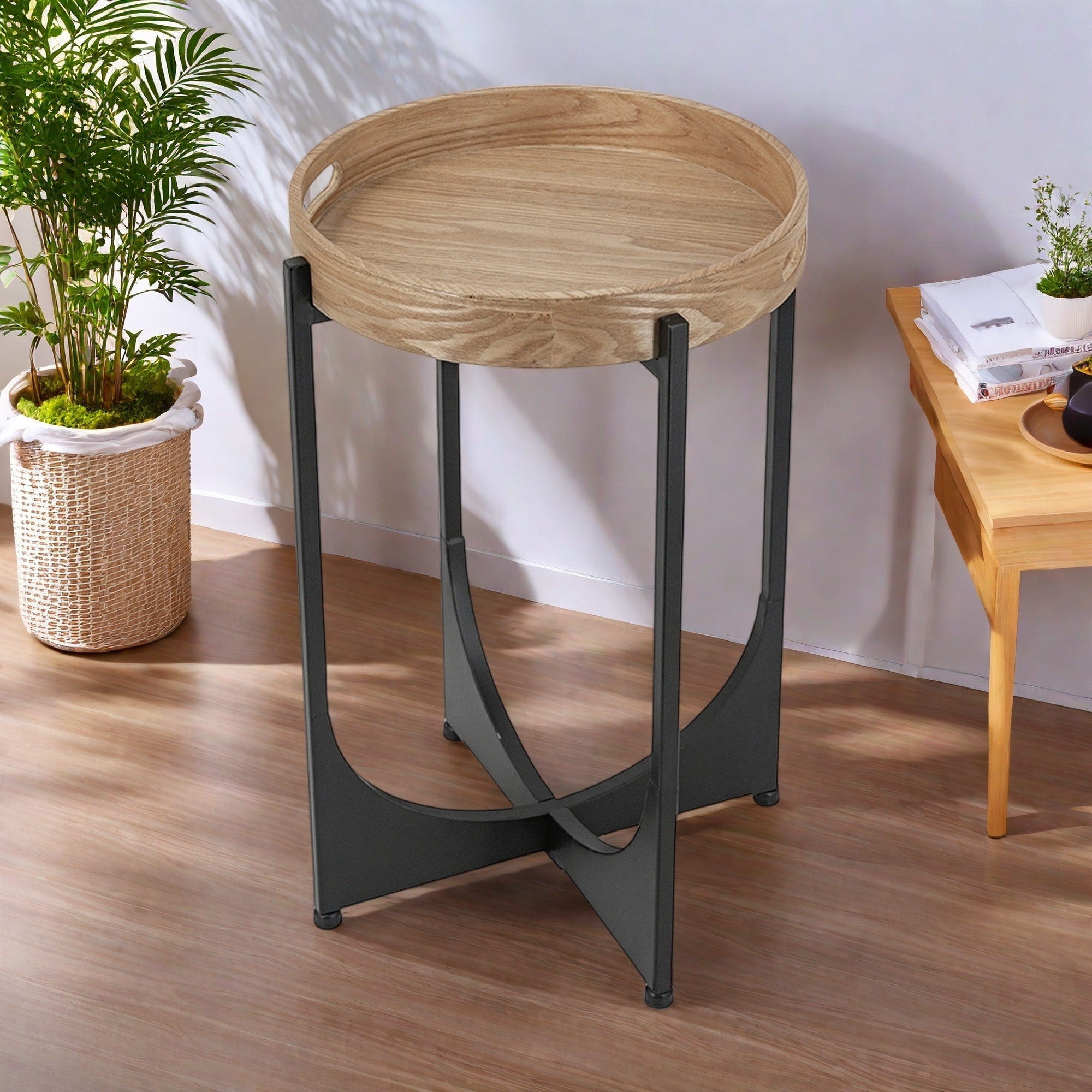 15" MDF Round Contemporary Round Side Table with Tray-Style Top and Geometric Frame