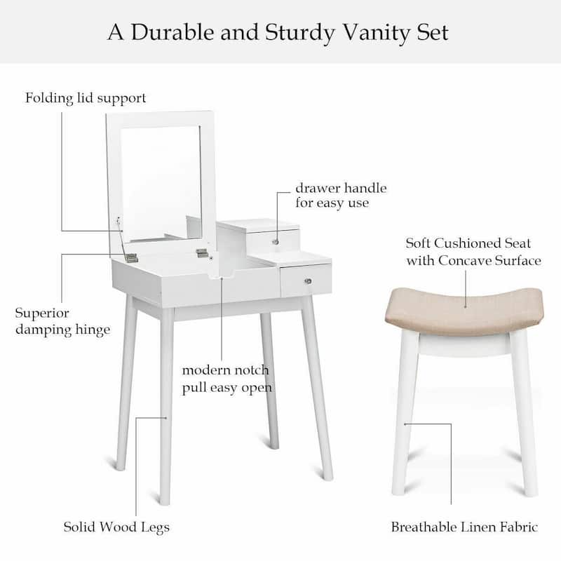 Costway Vanity Dressing Table Flip Desk Furniture Stool 2 White