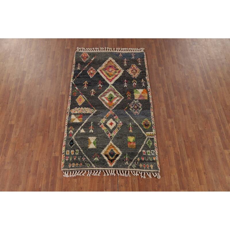 Hand Knotted Oriental 100% Wool Carpet Modern Tribal Greys & Charcoal Moroccan Area Rug - 6' 11'' X 4' 1''