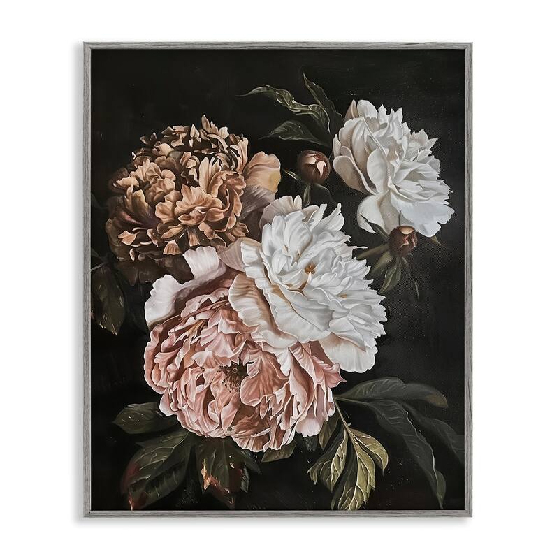 Stupell Moody Peonies on Black Framed Giclee Art Design By Arlington Prints - 16 x 20 - Grey