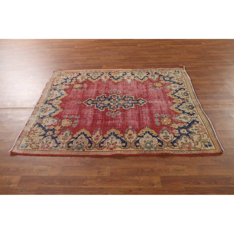 Distressed Pink Kerman Persian Antique Rug Hand-Knotted Wool Carpet - 4'4" x 5'5"