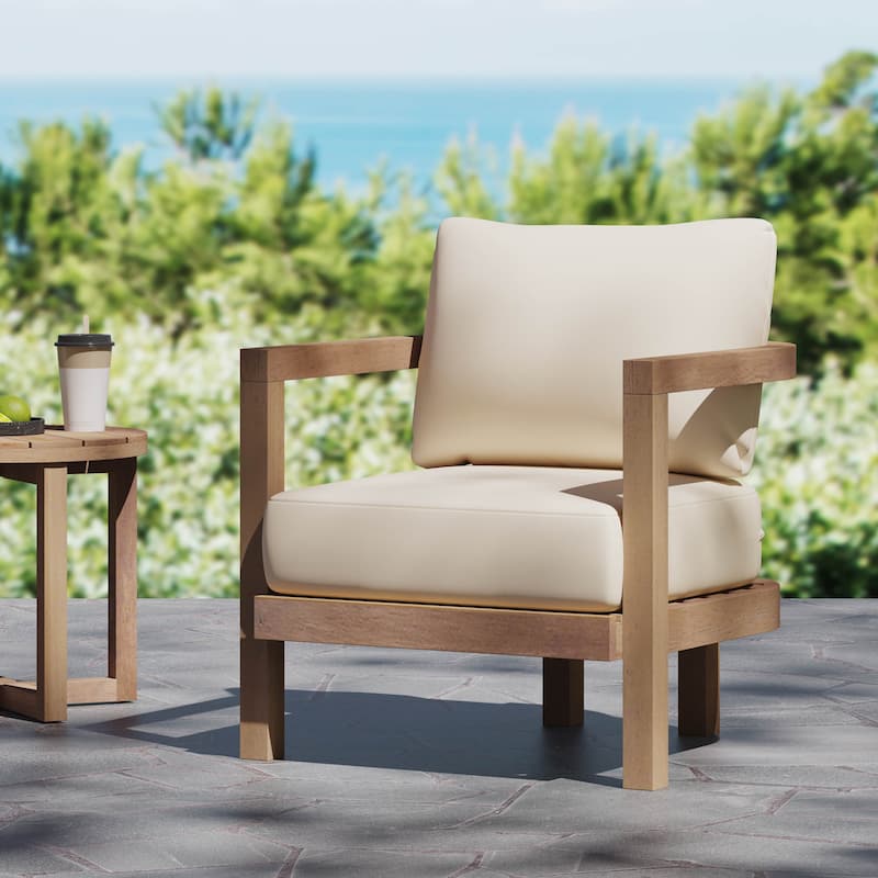 Roomfitters Outdoor Acacia Wood Patio Club Chair, Waterproof Cushions, Wash Finish with Beige Cushions