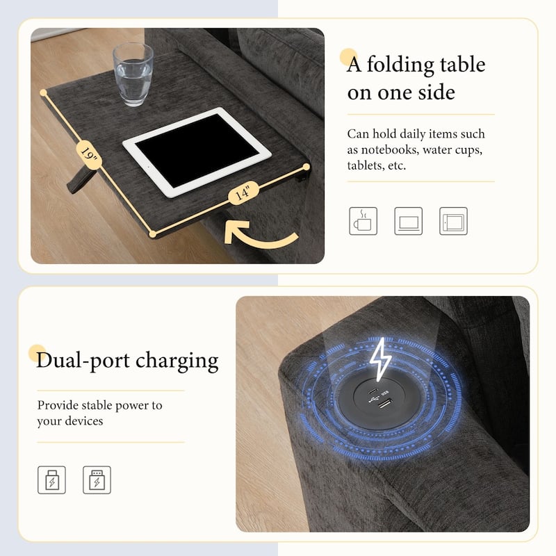 130" Modular Chenille L-Shaped Sectional Sofa with Folding Table and Dual-Port Charging, Ottoman