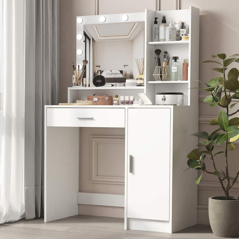Vanity Desk with Mirror and Lights, Makeup Vanity with Drawer and Storage Shelves, Dressing Table with 3 Lighting Modes