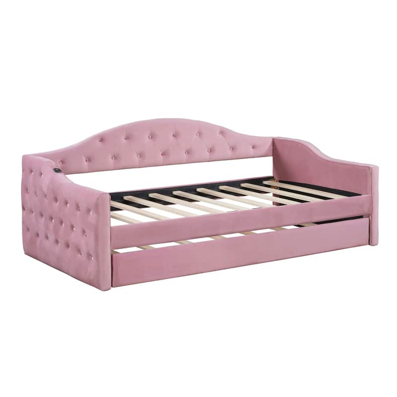 Pink Twin Size Velvet Daybed with Trundle and Charging Ports