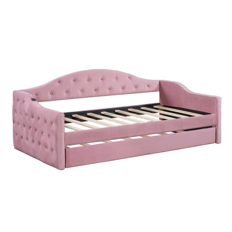 Tufted Upholstered Daybed with Trundle, USB and Type-C Charging Ports