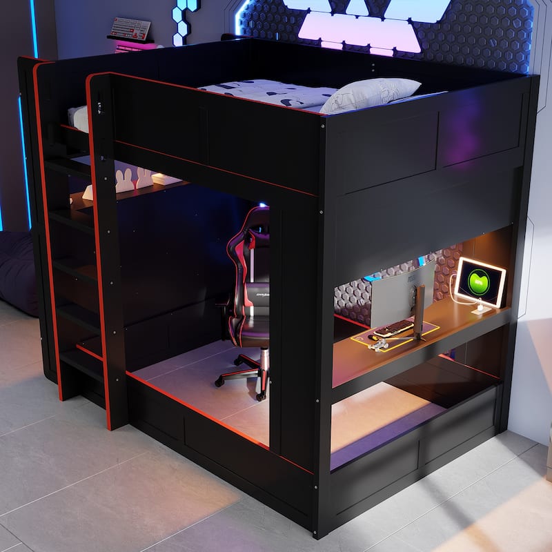 Black Bunk Bed Full Size Wood Gaming Bunk Bed Frame with Desk, Storage Shelves, LED and Charging Station, Full over Full Bed