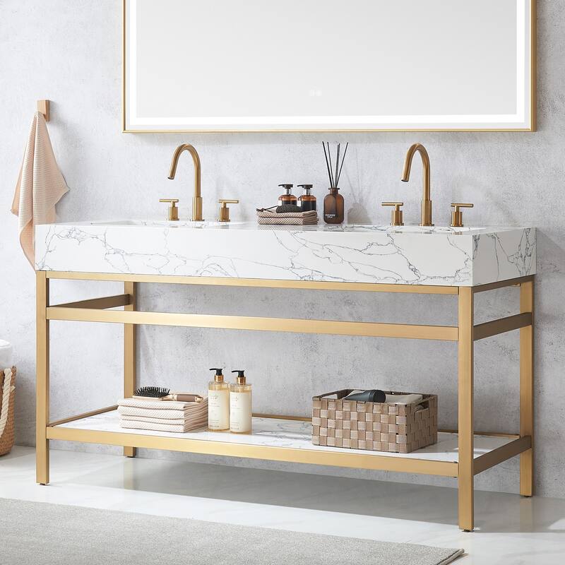 Ecija Bath Vanity, Metal Support with Composite Stone Top and Mirror