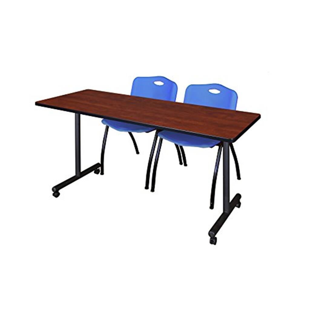 60" x 24" Mobile Training Table- Cherry & 2 'M' Stack Chairs- Blue