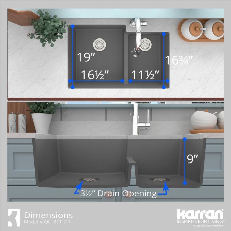 Karran 32" Undermount Large/Small Bowl Quartz Kitchen Sink Kit - 32" x 21.25" x 9"