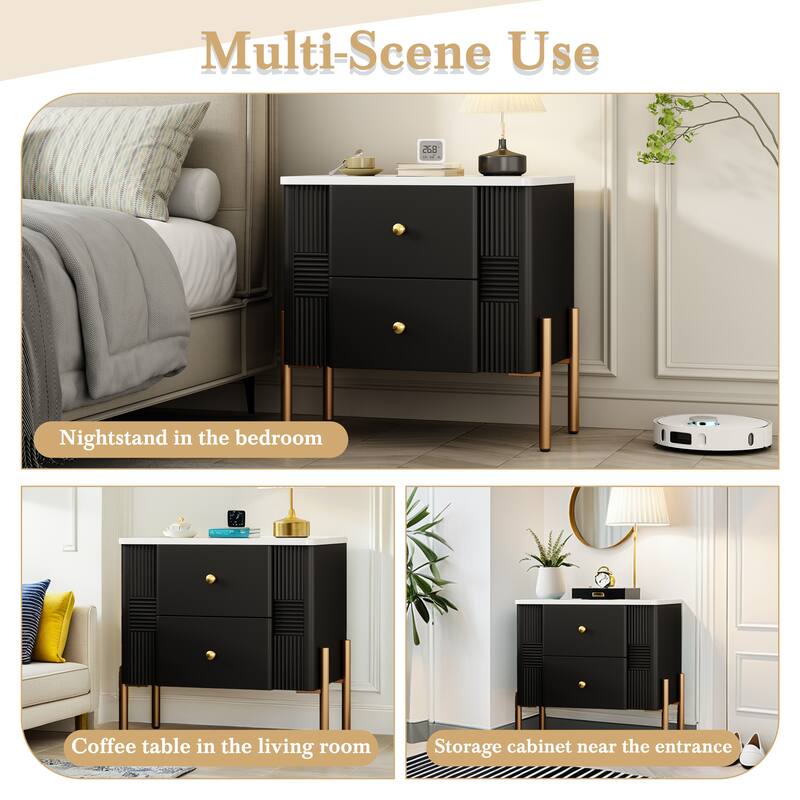 Contemporary Nightstand Featuring 2 Storage Drawers, Fluted Design with Gold-Tone Metal Handles and Legs, Versatile End Table