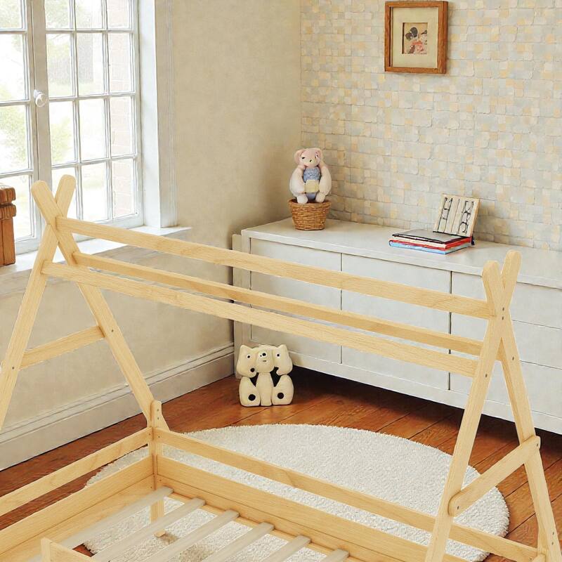 Twin/Full House Platform Bed with Stairs, Solid Wood Low Profile Kids Bed Frame, Fun Playhouse Design for Children