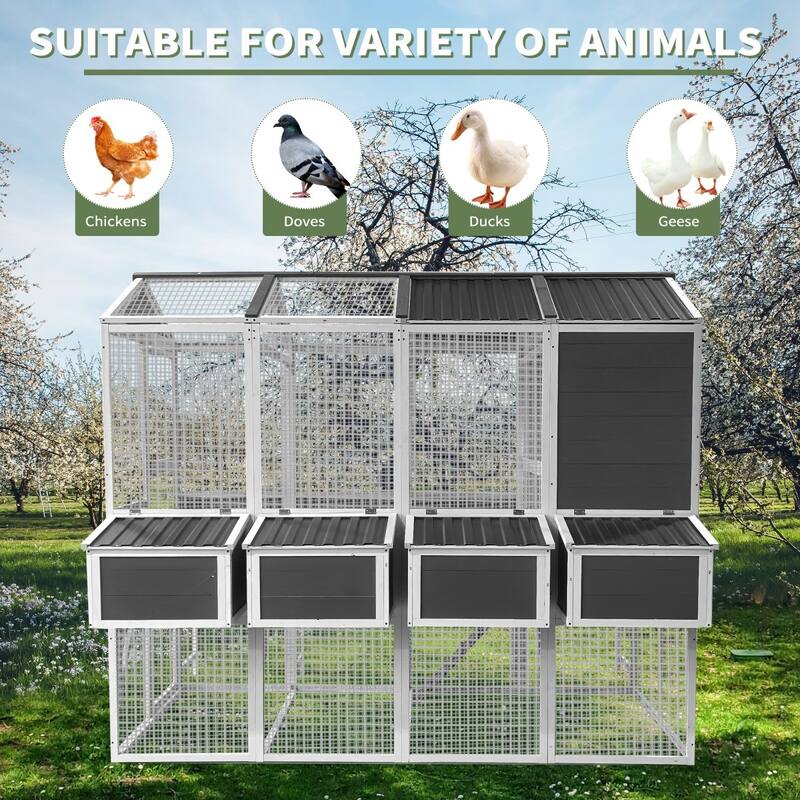 95" Wooden Walk-In Chicken Coop with Run and Nesting Boxes for 10 Hens