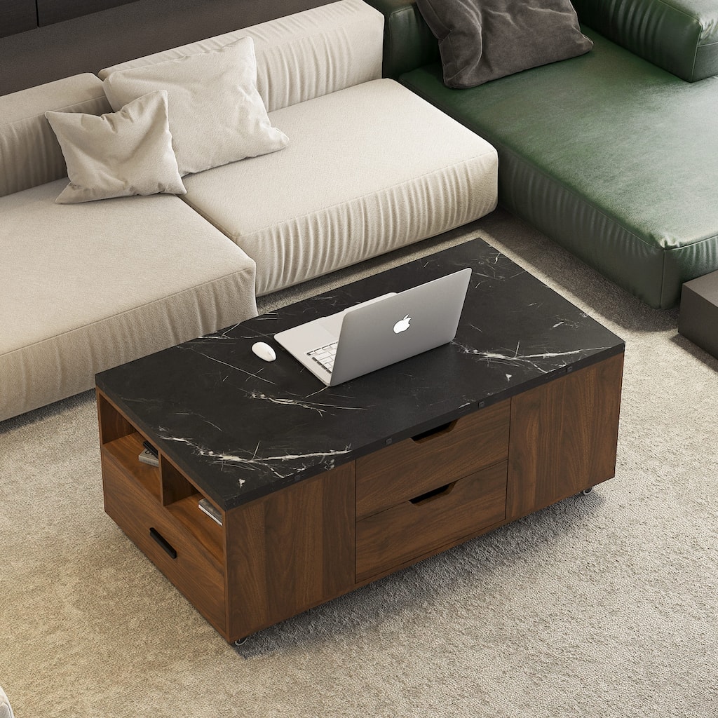 Roomfitters Lift-Up Coffee Table with 2 Stools Set, Convertible Fold Out Dining Desk & Hidden Storage, Faux Marble