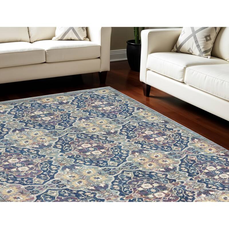 Power Loomed Distressed Floral Traditional Non Skid Area Rug - 118' X '94' X '0.5 - 118' X '94' X '0.5 - Oxford Blue - Rectangle