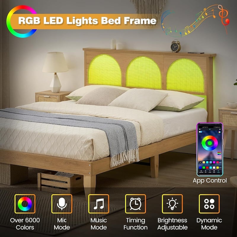 Bed Frame with Natural Rattan Headboard