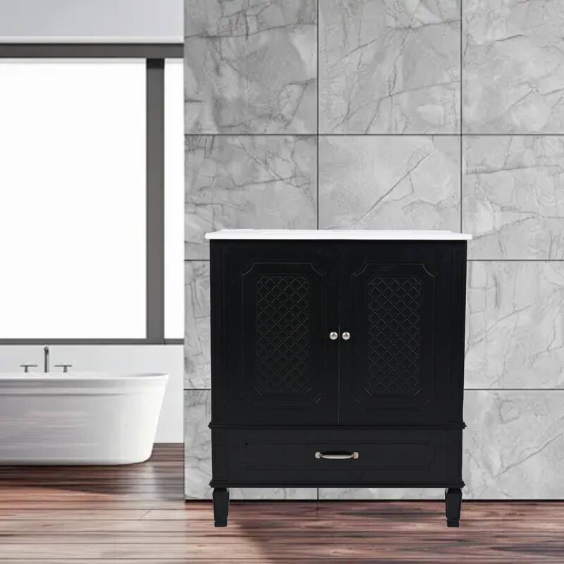 30" Bathroom Vanity with Smooth Ceramic Sink, Adjustable Shelf, Vintage Style with Door Shelf and Drawer - Black
