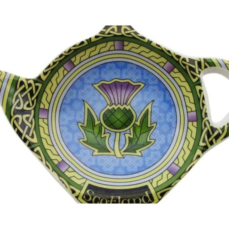 Scottish Thistle Teabag Holder Bone China Teapot-Shaped Tea Bag Rest with Celtic Knot Design - 3.93” (10 cm) in diameter