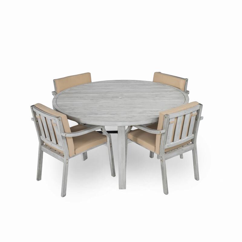 Outdoor Dining Set 4-Person Outdoor Wooden Dining Set with Umbrella Hole and Removable Cushions for Patio, Backyard
