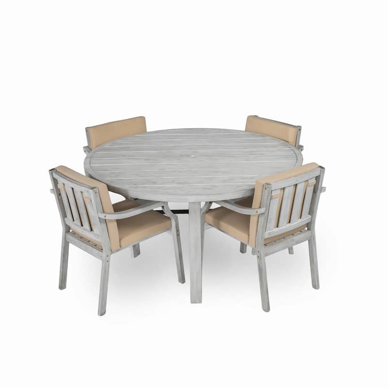 Outdoor Dinning Set 4-Person Outdoor Wooden Dinning Set with an Umbrella Hole and Removable Cushions