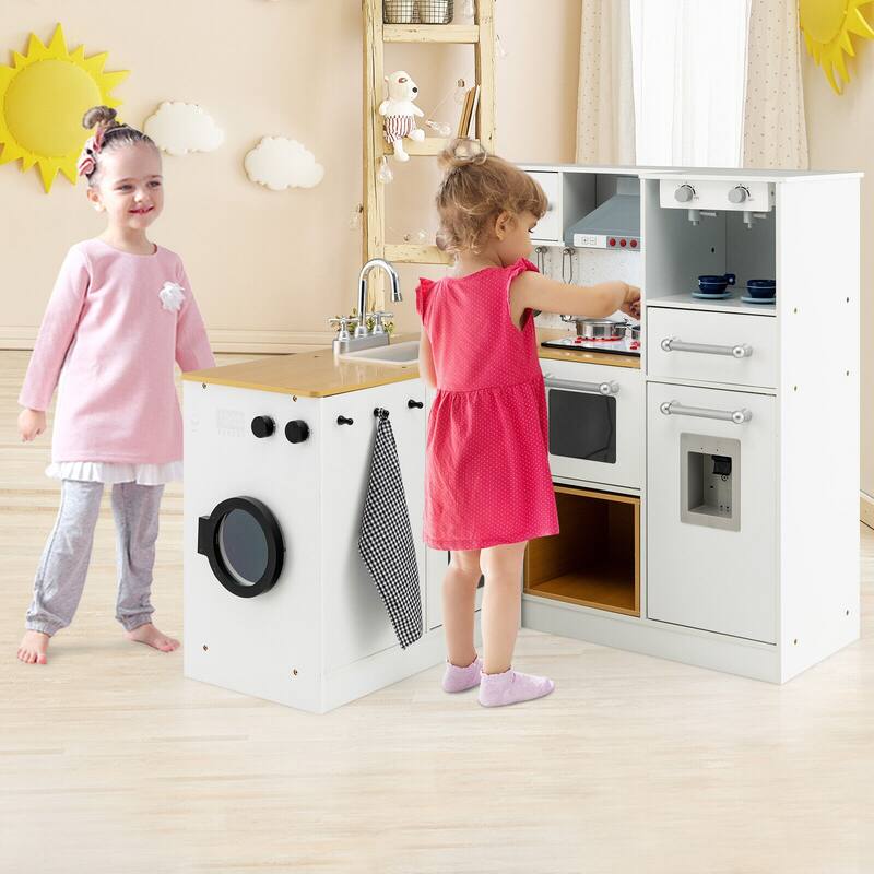 2-Pieces White-Natural Wooden Kitchen Playset with Pull-out Drawer and Cabinets - 31" x 11.5" x 32" (L x W x H)