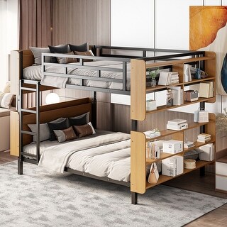 Full Over Full Size Metal Bunk Bed with Shelves and Full-Length Guardrail