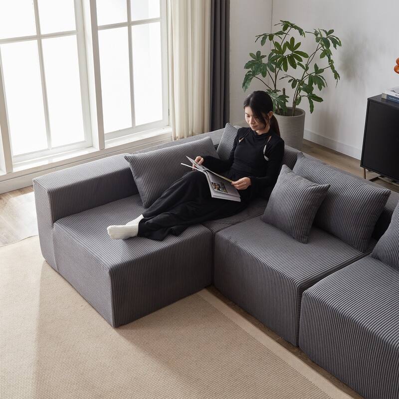 Corduroy Upholstered 104-Inch L Shaped Sectional Sofa - Grey Corduroy