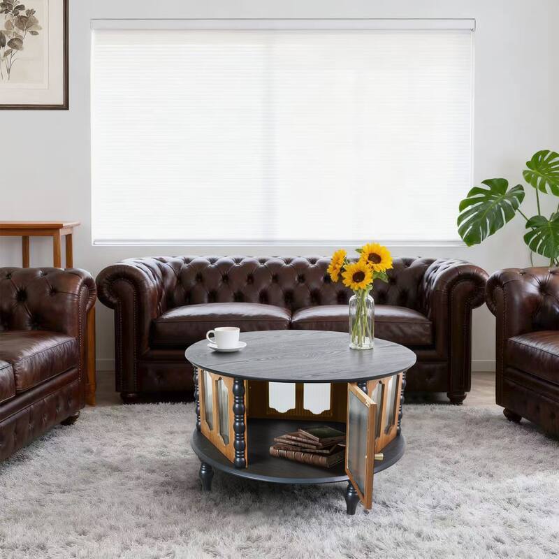 31.5" Round Real Wood Veneer Coffee Table, Three-Door Storage, Black + Walnut for Compact Areas