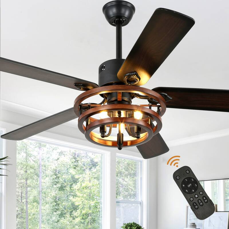 Bella Depot 52" Rustic Cage Ceiling Fan with Light and Remote 6-Speed Reversible Fan - Black