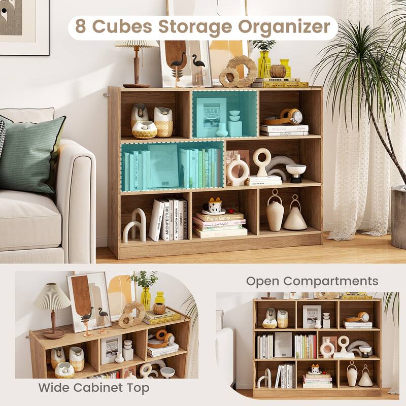 Freestanding 3-Tier Bookcase with 8 Open Cubes and Sturdy Screw Construction and Floor Protection