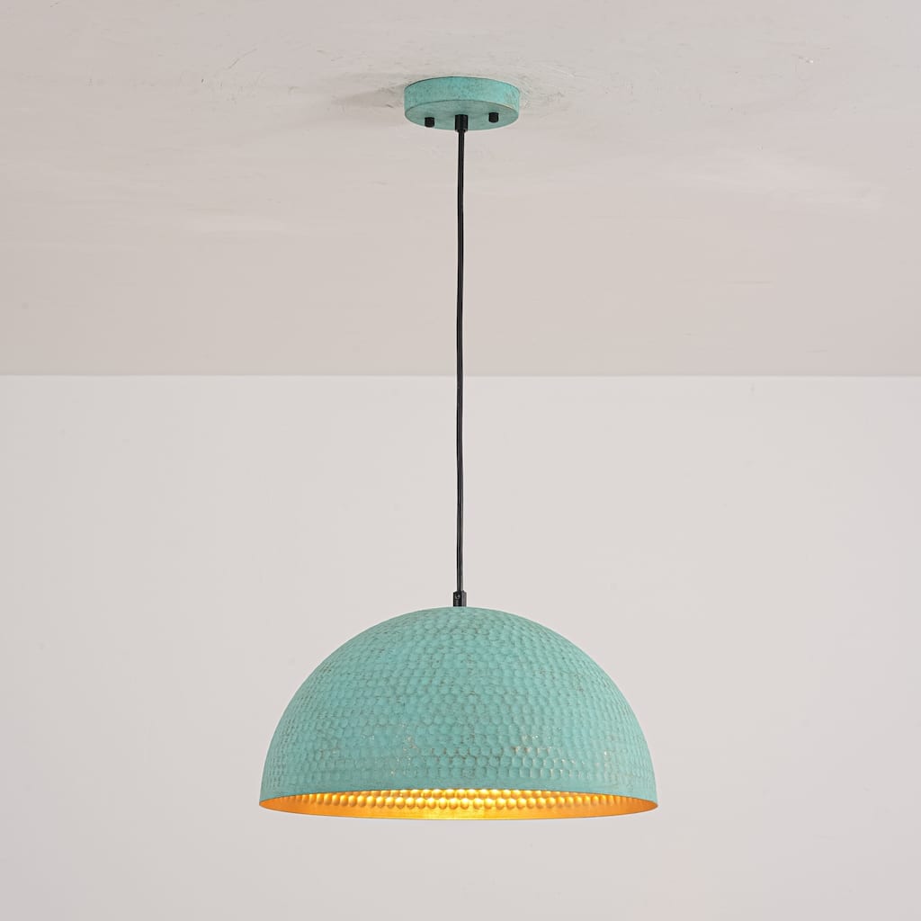15.7" 1-Light Retro Antiqued Green Hammered Dome Pendant with Gold Interior Hanging Light for Dining Room